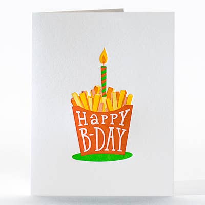Birthday card with fries and candle design on a white background