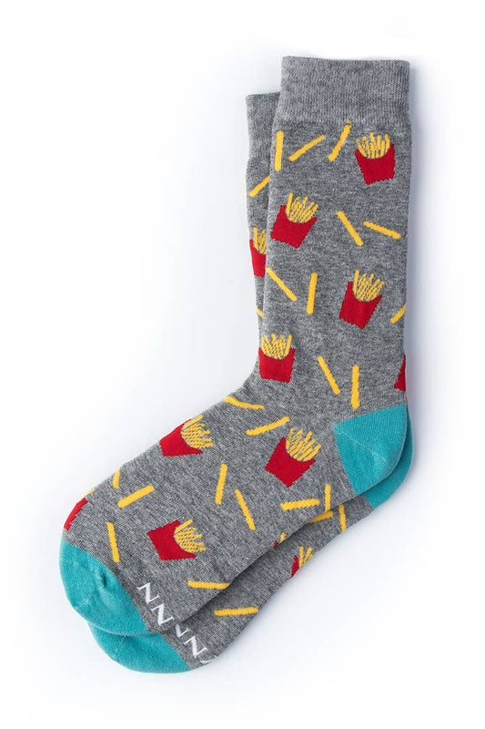Gray socks with french fry pattern on a white background