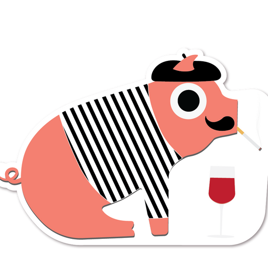 Sticker of a pig with a mustache, wearing a black and white striped shirt and a black beret, with a glass of red wine and smoking a cigarette 