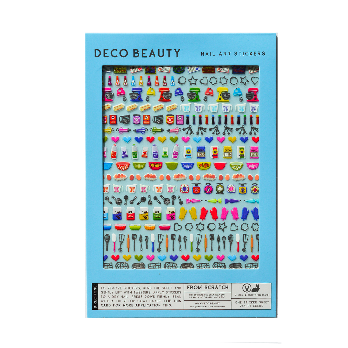 Packaging of Deco Beauty nail art stickers with colorful baking theme designs on a blue background