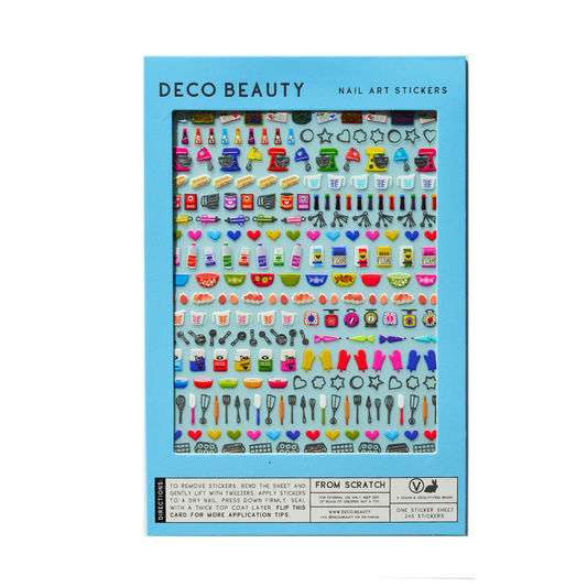 Packaging of Deco Beauty nail art stickers with colorful baking theme designs on a blue background