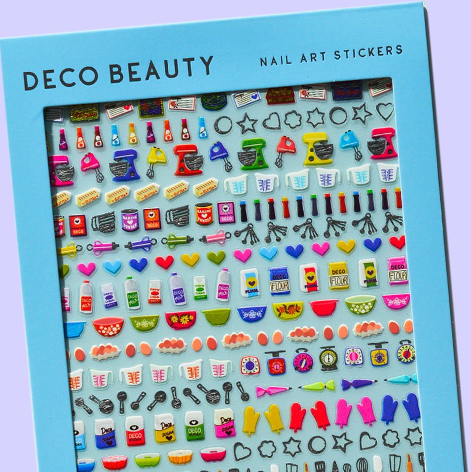 Deco Beauty nail art stickers packaging with various colorful stickers on a blue background