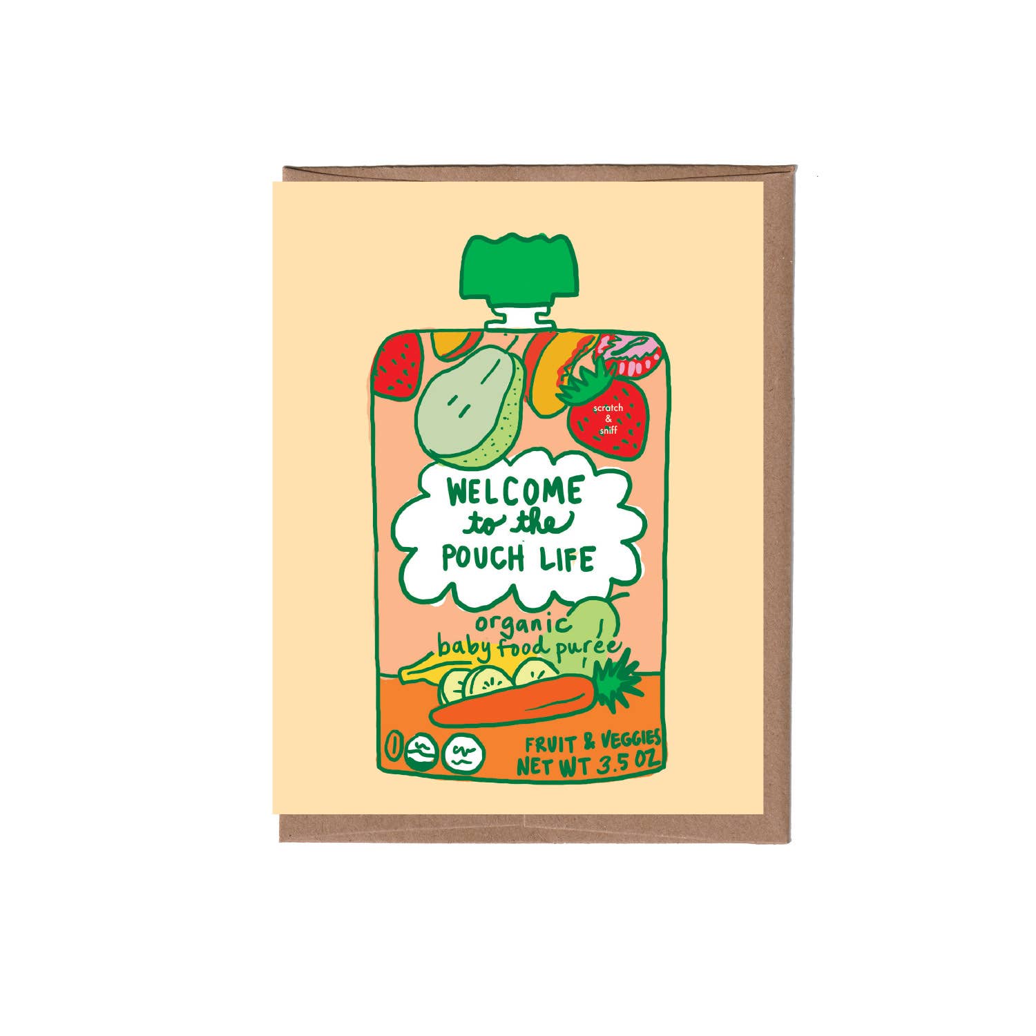 Illustration of a baby food pouch with fruits and vegetables on a beige background. Text on pouch reads "Welcome to the pouch life"