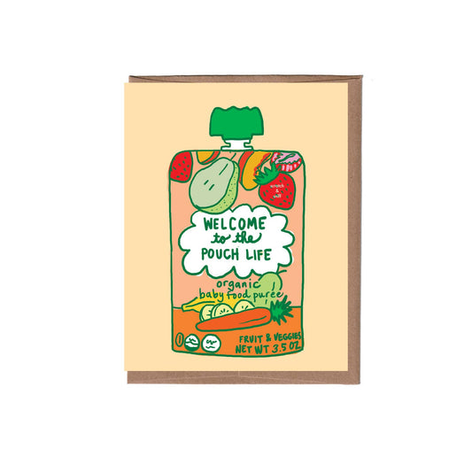 Illustration of a baby food pouch with fruits and vegetables on a beige background. Text on pouch reads "Welcome to the pouch life"
