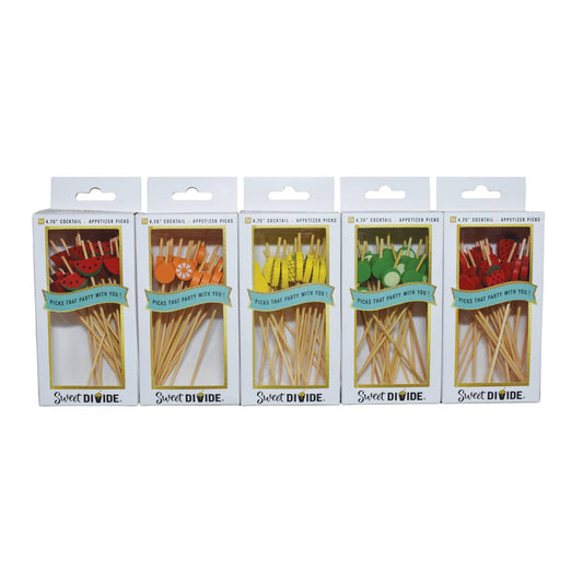 5 boxes of wooden cocktail or appetizer picks with different fruit designs on each. Each box contains 24 picks. 