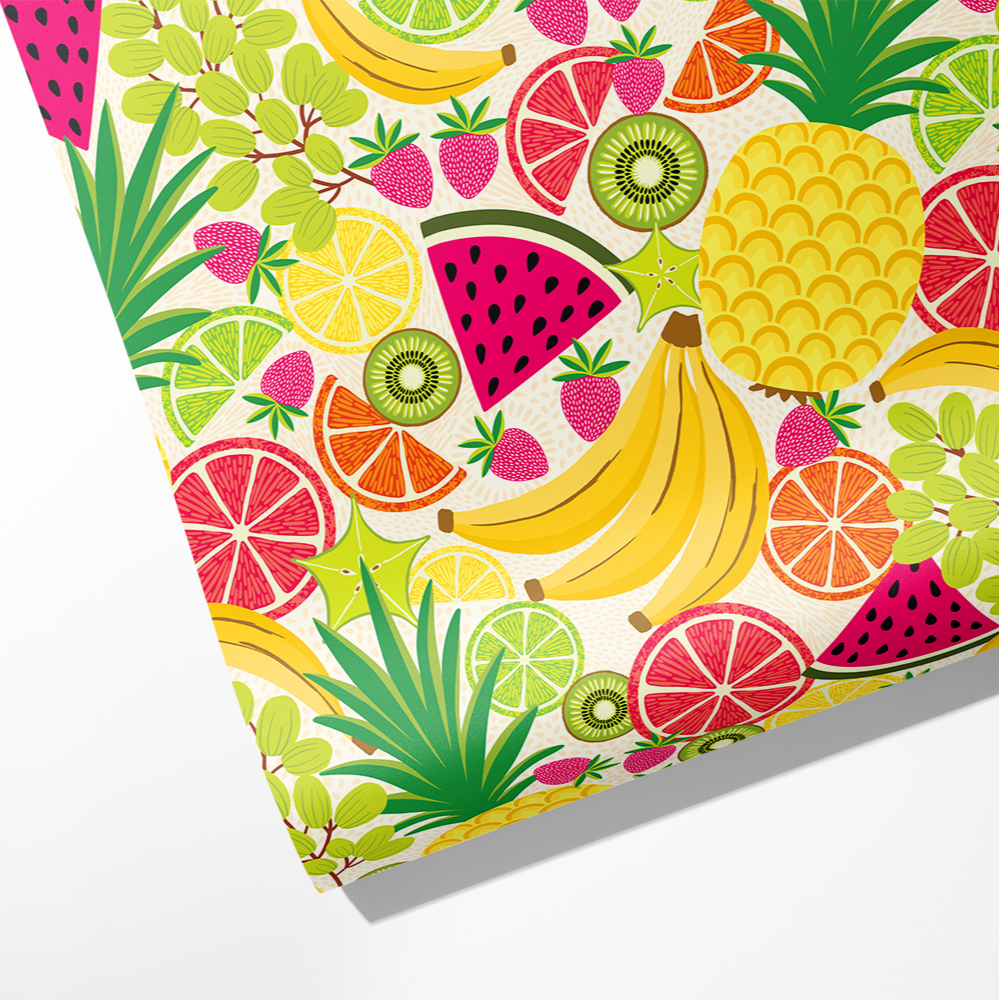 Roll of wrapping paper with various fruits on it including --- bananas, pineapple, citrus, strawberries, kiwi, watermelon and grapes 