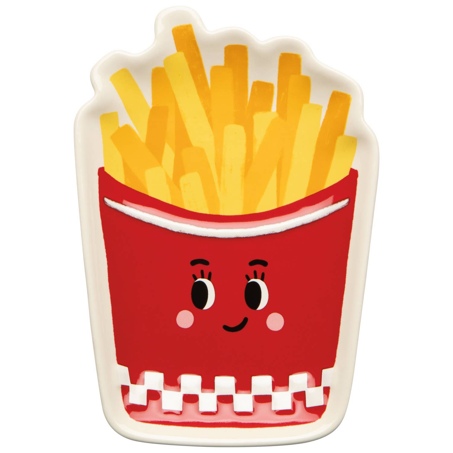 Cartoon-style illustration of a red basket with French fries and a smiling face on a white background.