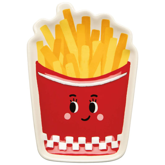Cartoon-style illustration of a red basket with French fries and a smiling face on a white background.