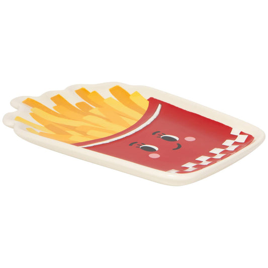 french fry shaped plate with cartoon design of a fries container and fries on a white background