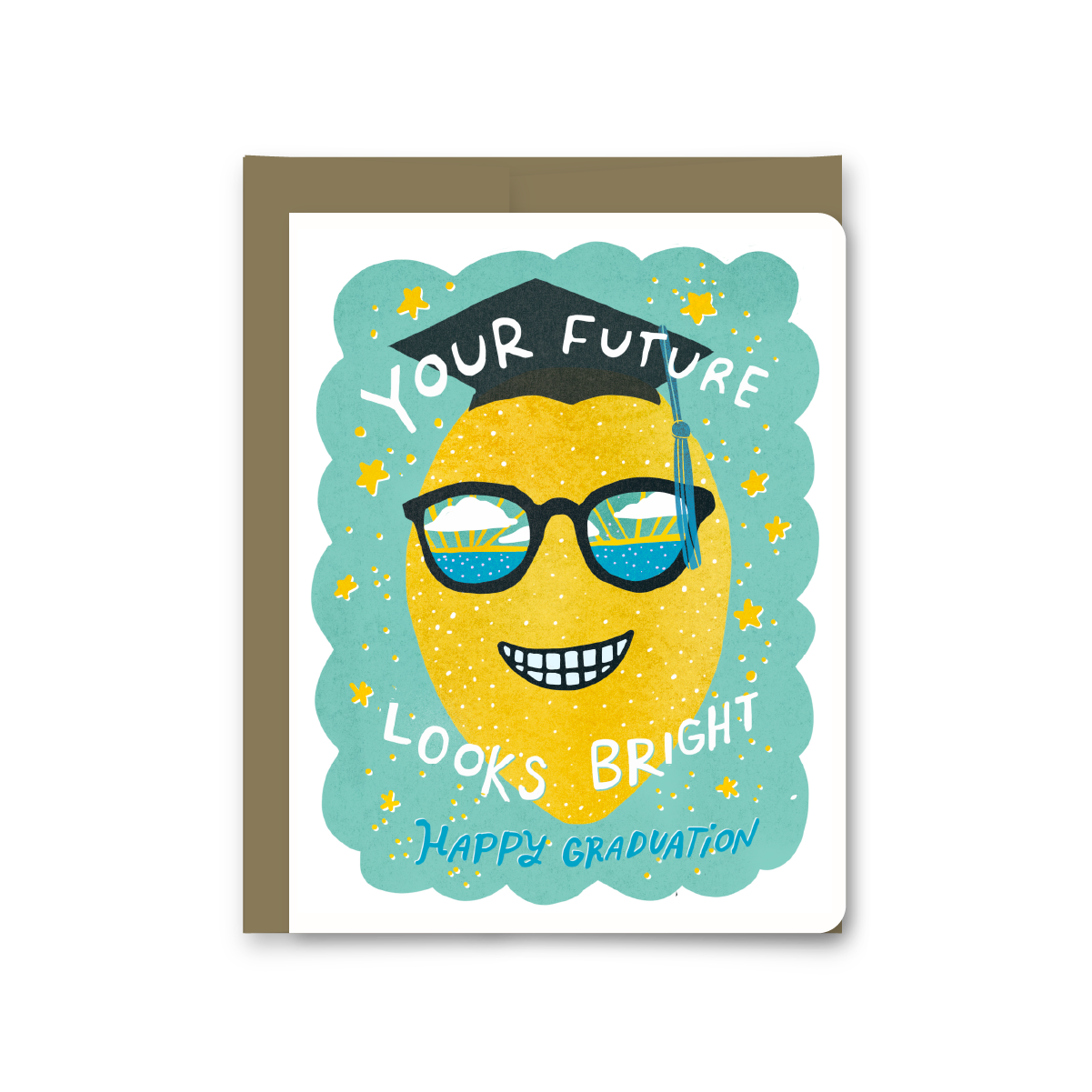 Graduation-themed greeting card with a lemon wearing glasses and a cap, text 'Your Future Looks Bright Happy Graduation' on a white background.