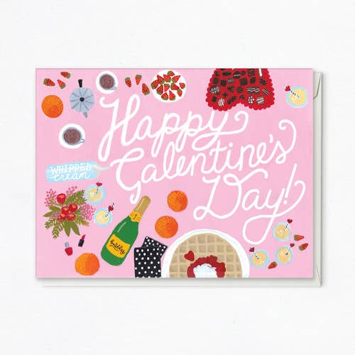 Valentine's Day card with brunch illustrations and 'Happy Galentine's Day!' text on a pink background