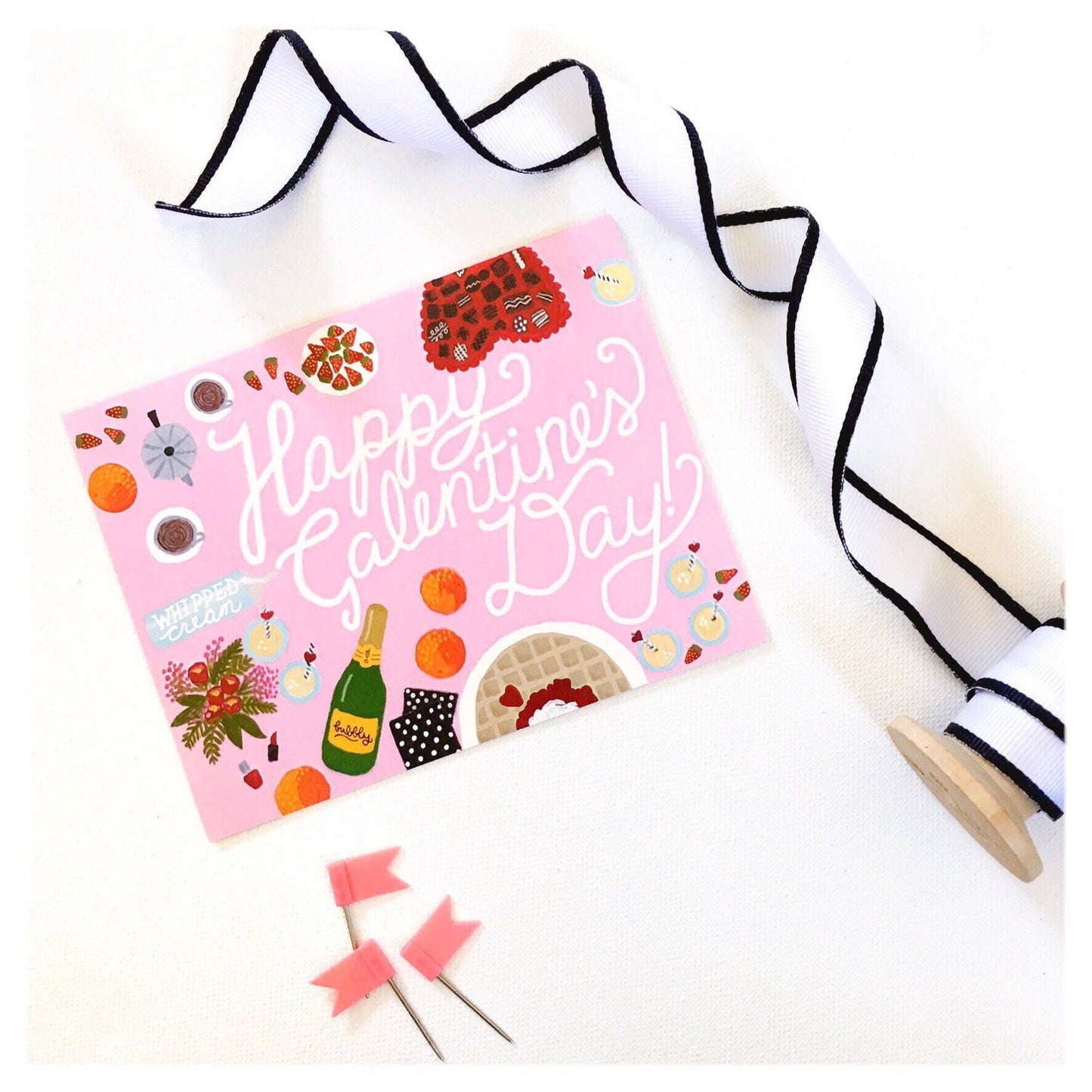 Valentine's or Galentine's Day card with decorative brunch themed elements on a white background