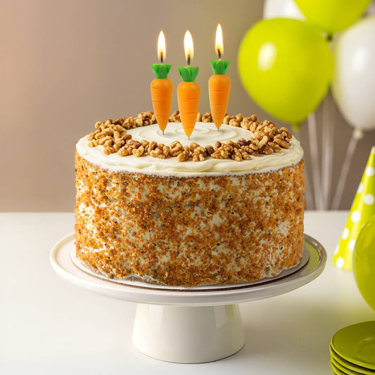 Carrot cake with carrot-shaped candles on a white cake stand, surrounded by balloons.
