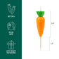Carrot-shaped candle on a toothpick with dimensions and safety features on a green and white background