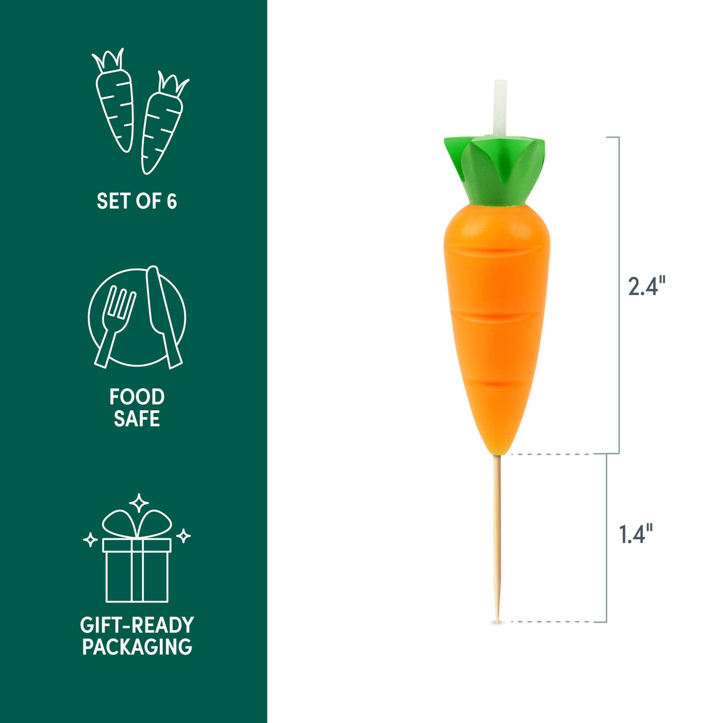 Carrot-shaped candle on a toothpick with dimensions and safety features on a green and white background