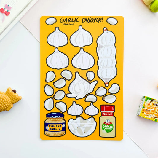Garlic-themed sticker sheet with illustrations of garlic and garlic products on a yellow background.