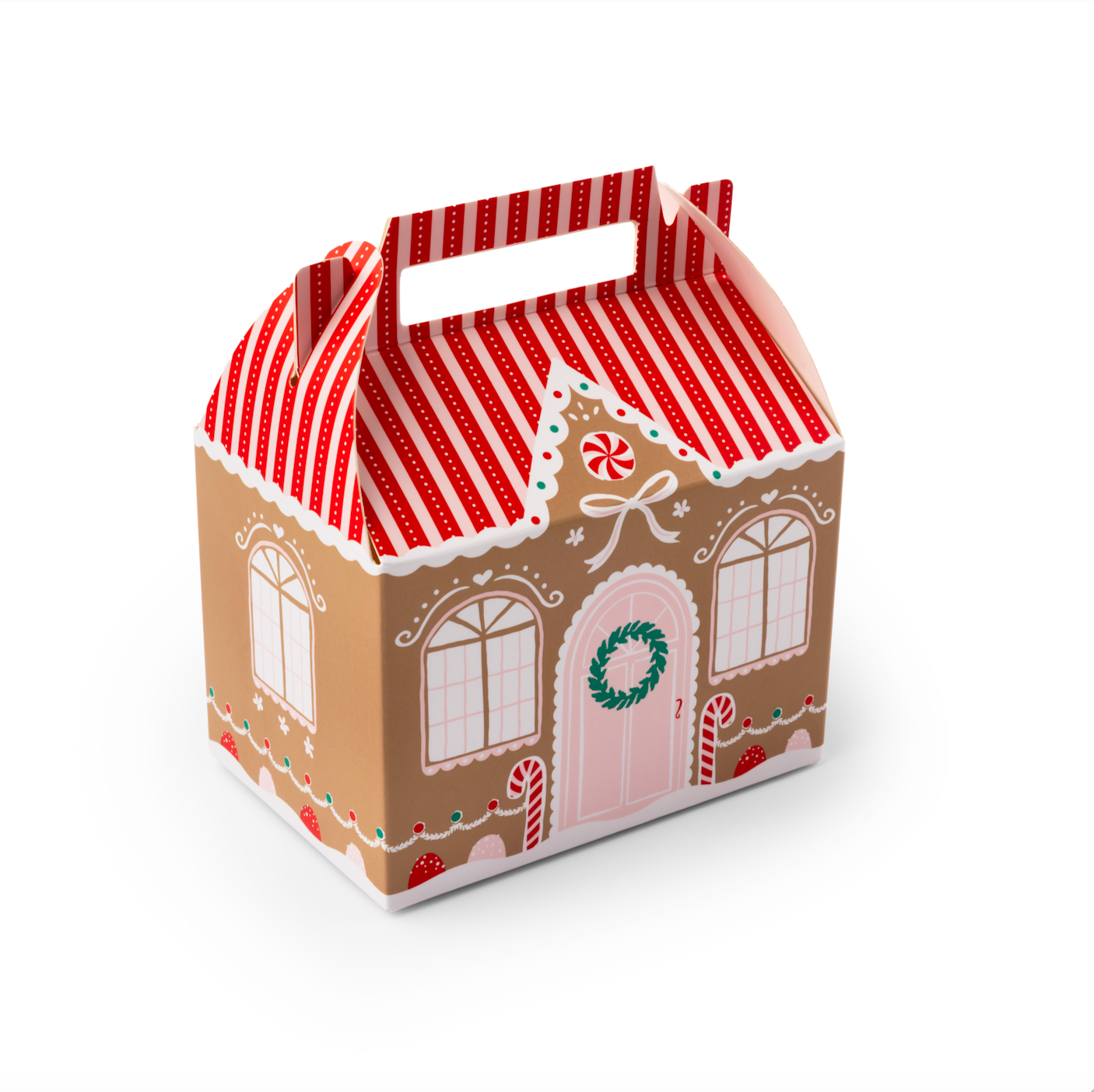 Gingerbread house-shaped gift box with red and white striped roof on a white background