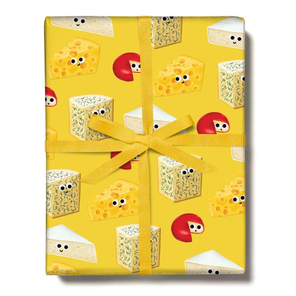 wrapping paper with various cheese wedges that have googly eyes on them 