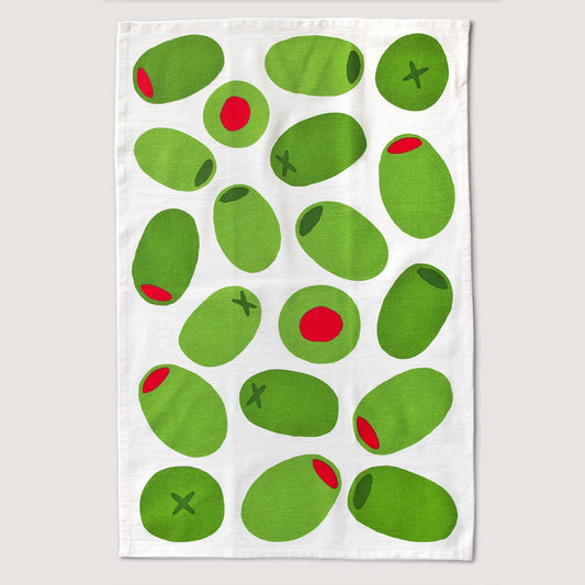 Tea towel with green olives design on a white background