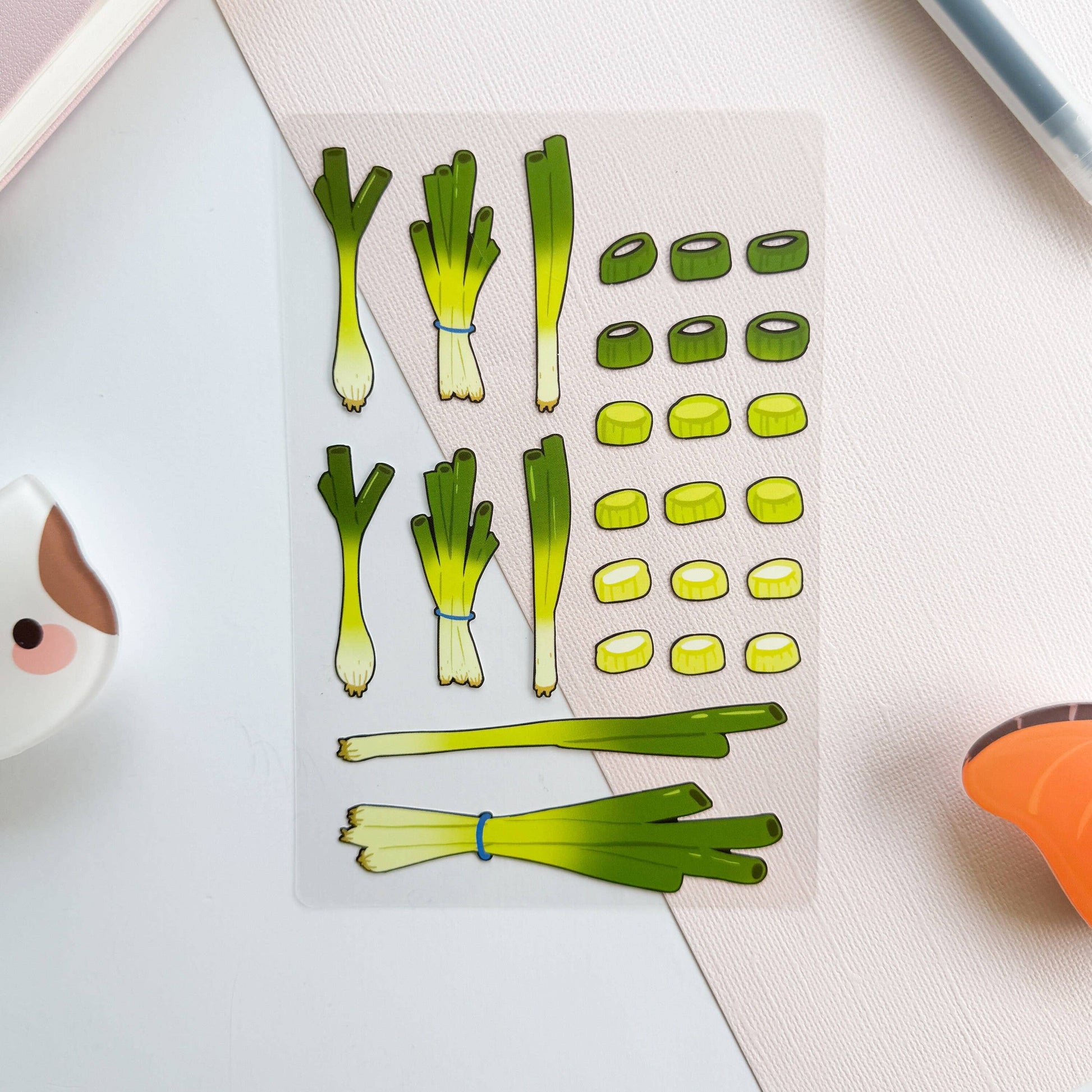 Sticker sheet of green onion illustrations on a white background