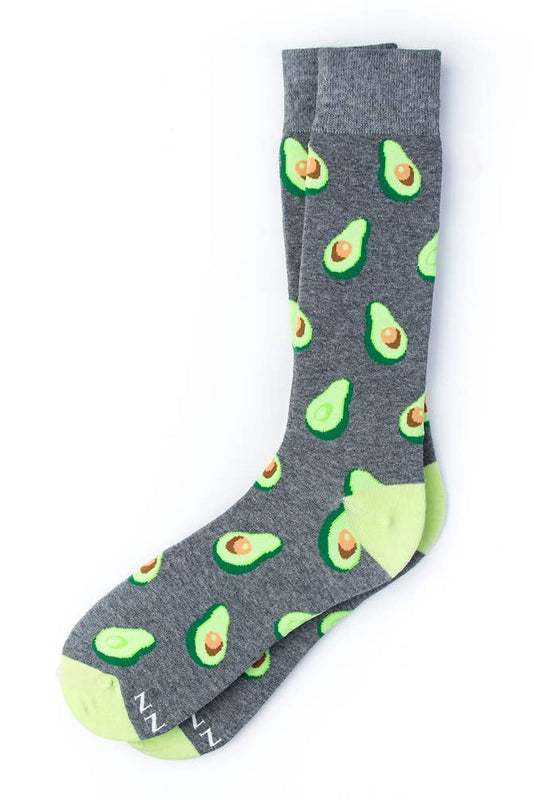 Gray sock with avocado pattern on a white background