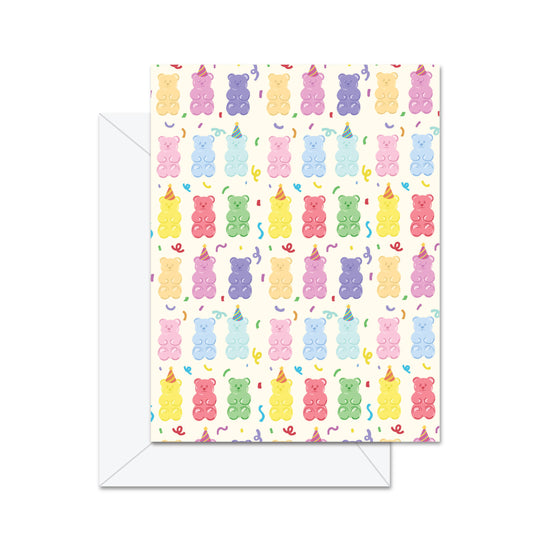 Greeting card with colorful gummy bear pattern on a white background