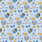 Hanukkah-themed wrapping paper pattern with menorahs, dreidels, and other symbols on a blue background.