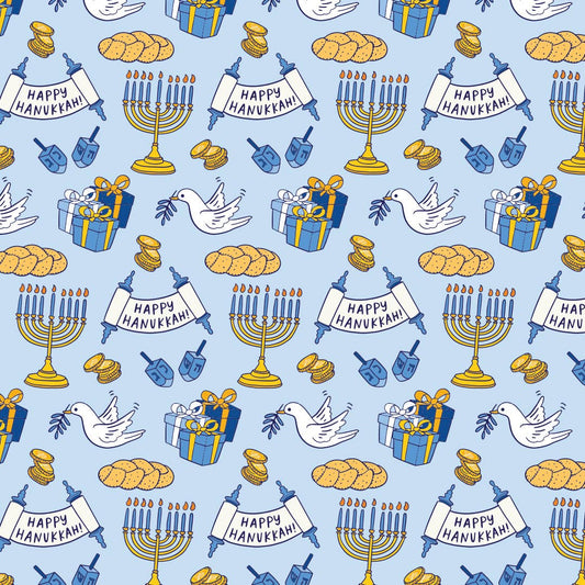 Hanukkah-themed wrapping paper pattern with menorahs, dreidels, and other symbols on a blue background.