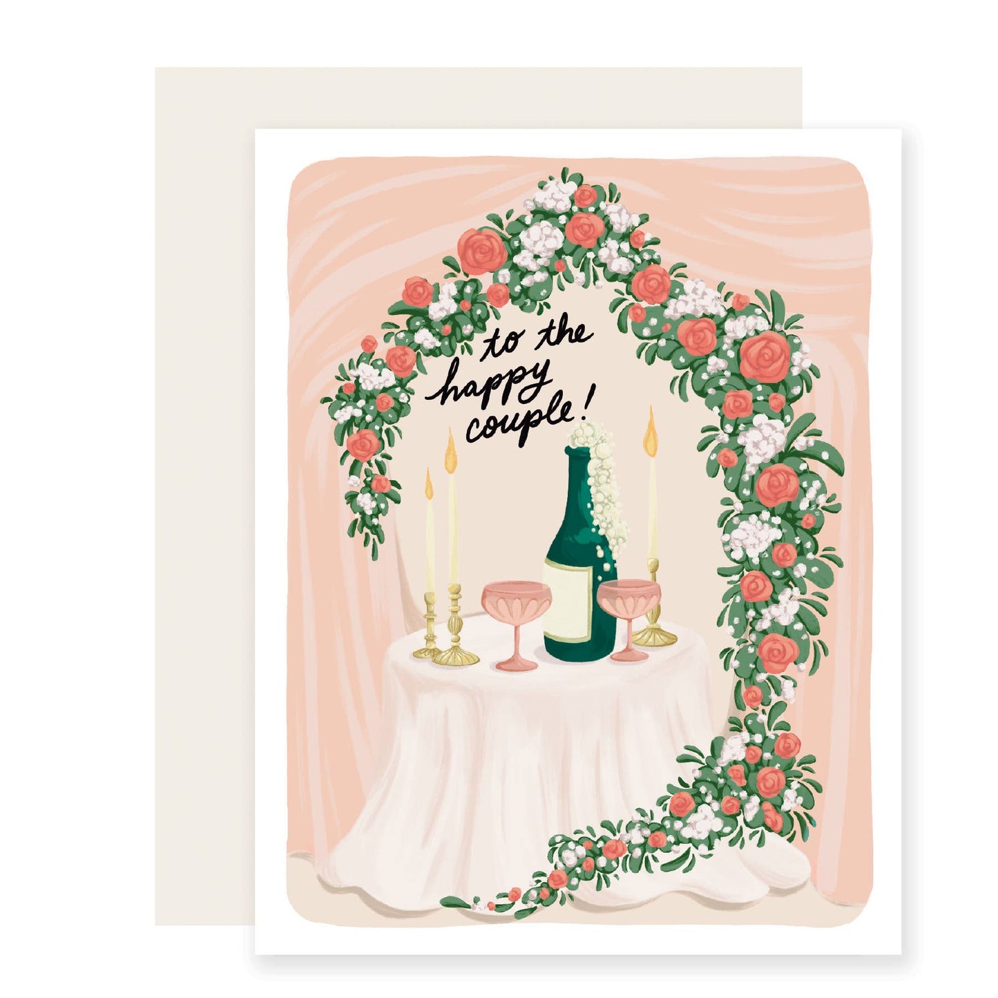 Wedding card with floral arch, champagne bottle, and 'to the happy couple!' text on a peach background.
