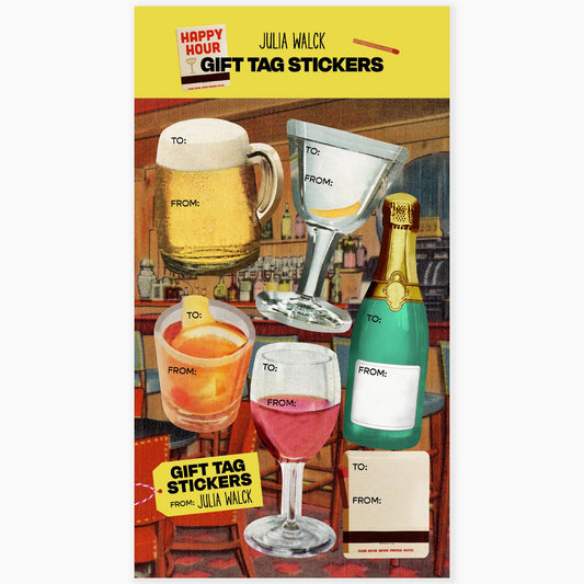 Packaging of Julia Walck gift tag stickers featuring drinks and a bar scene.