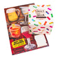 Set of gift tag stickers with drink-themed designs and a gift with a colorful confetti design.