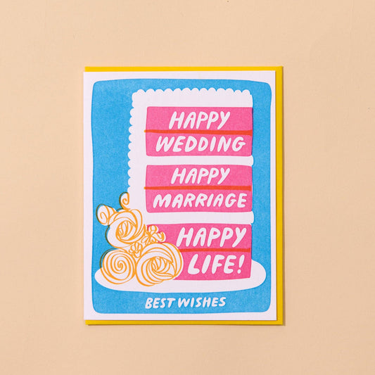 Greeting card with 'Happy Wedding, Happy Marriage, Happy Life!' text on a beige background