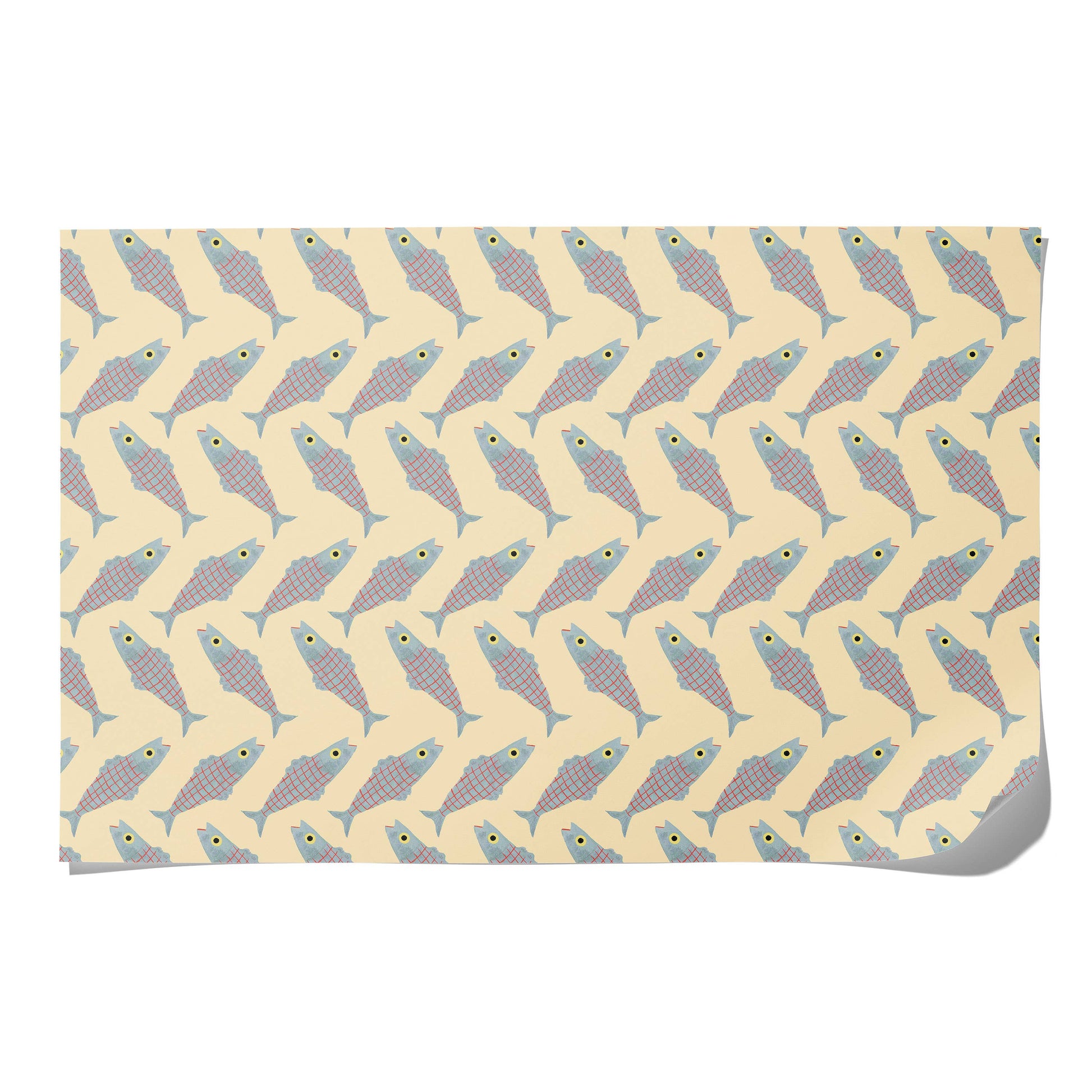 Patterned gift wrap sheet with herring fish design on a beige background