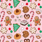 Pattern of Christmas-themed cookies and candies on a pink background