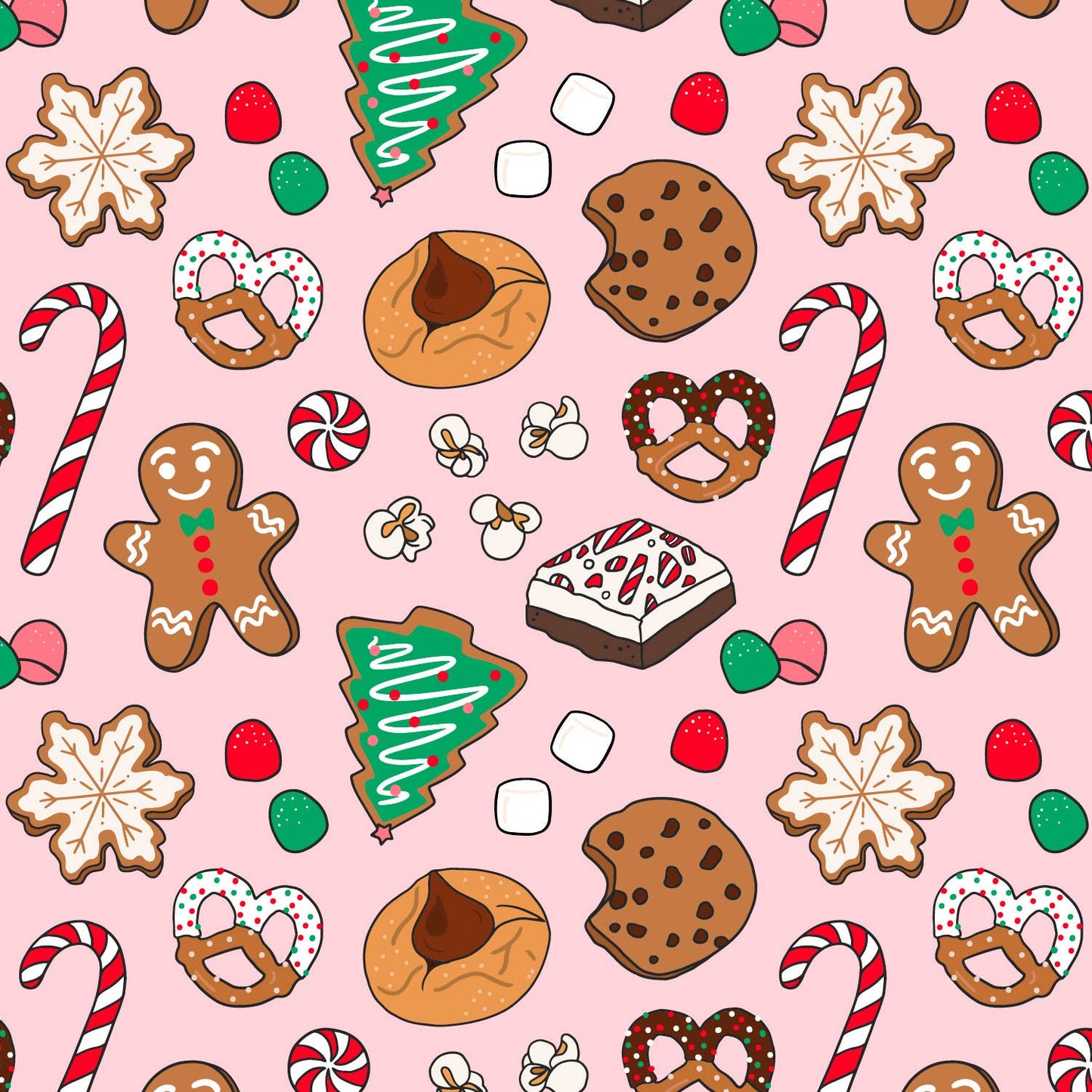 Pattern of Christmas-themed cookies and candies on a pink background