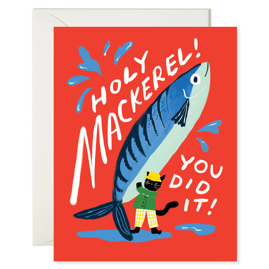 Greeting card with a big fish and a cat wearing fisherman's clothes, on a red background, featuring text 'Holy Mackerel! You Did It!'.