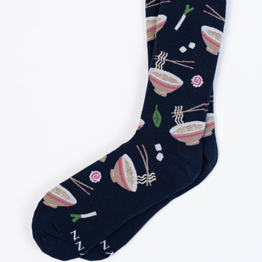 navy socks with ramen noodle print all over 