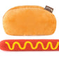 Plush hot dog toy with bun and red sausage with yellow mustard on a white background
