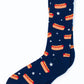 Navy blue socks with hot dog and stars pattern on a white background