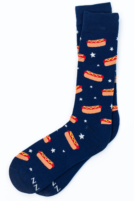 Navy blue socks with hot dog and stars pattern on a white background
