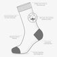 Gray sock with product features labeled on a white background, featuring the ALYNN brand.