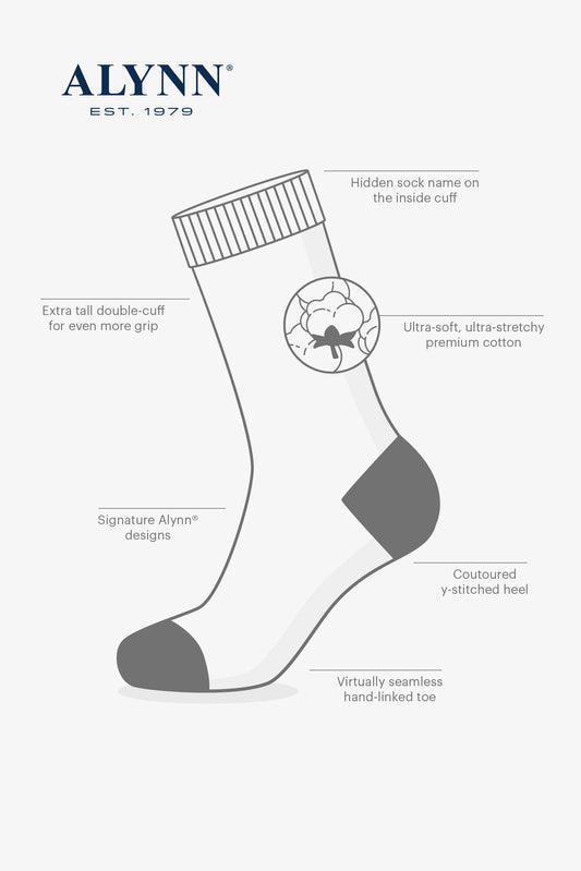 Gray sock with product features labeled on a white background, featuring the ALYNN brand.