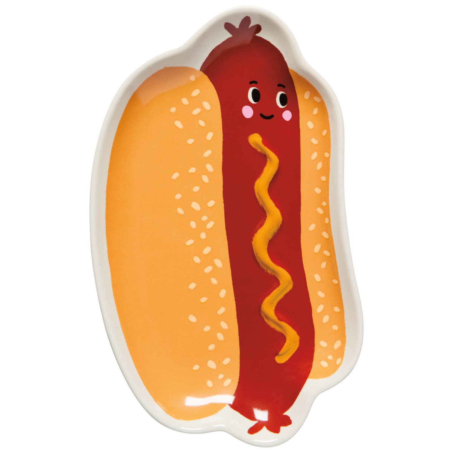 Plate shaped like a hot dog with a face on a bun against a white background