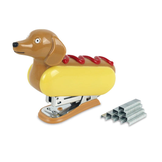 stapler designed to look like a wiener dog in a hot dog bun with a squiggle of ketchup 