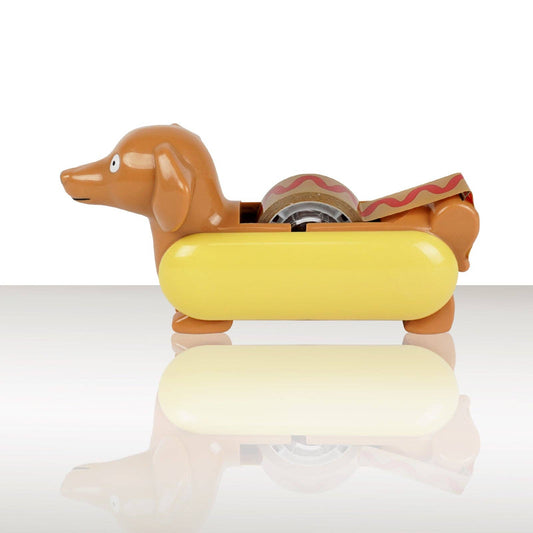 tape dispenser designed to look like a wiener dog in a hot dog bun and the tape designed to look like the ketchup on top