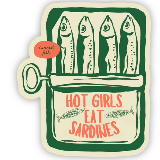 Sticker with sardines and text 'Hot Girls Eat Sardines' on a white background
