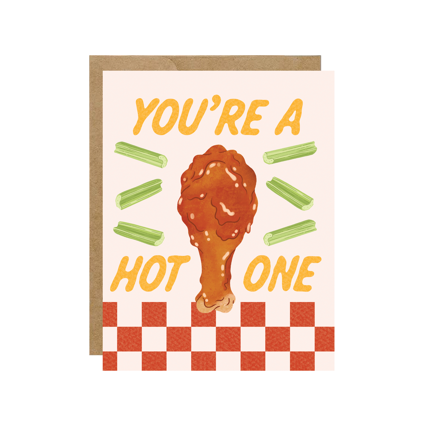 Card with a chicken drumstick illustration and text 'You're a Hot One' on a checkered background.