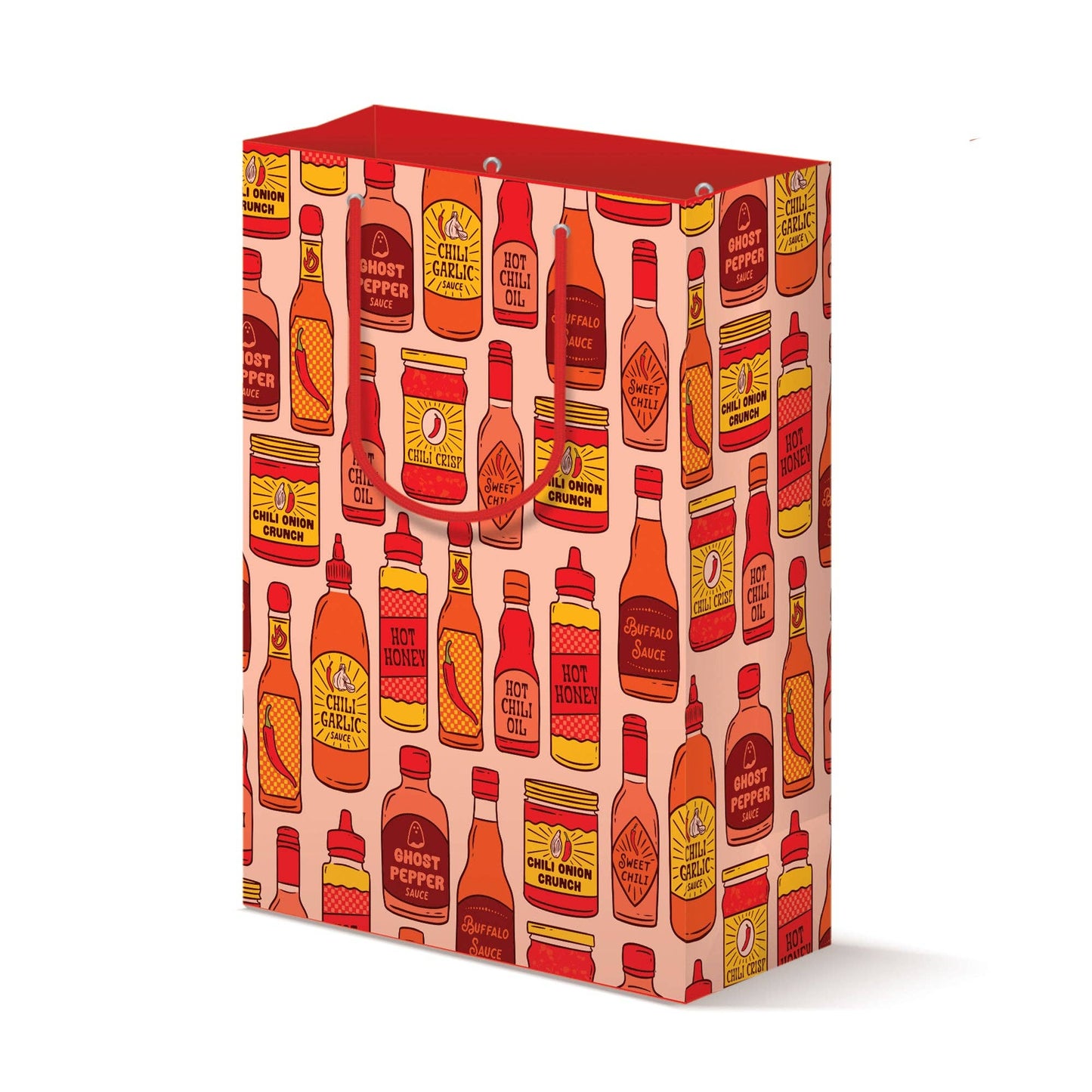 Gift bag with hot sauce pattern on a white background