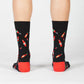 black crew socks with red heels. design has bottles of hot sauce and chili peppers all over 