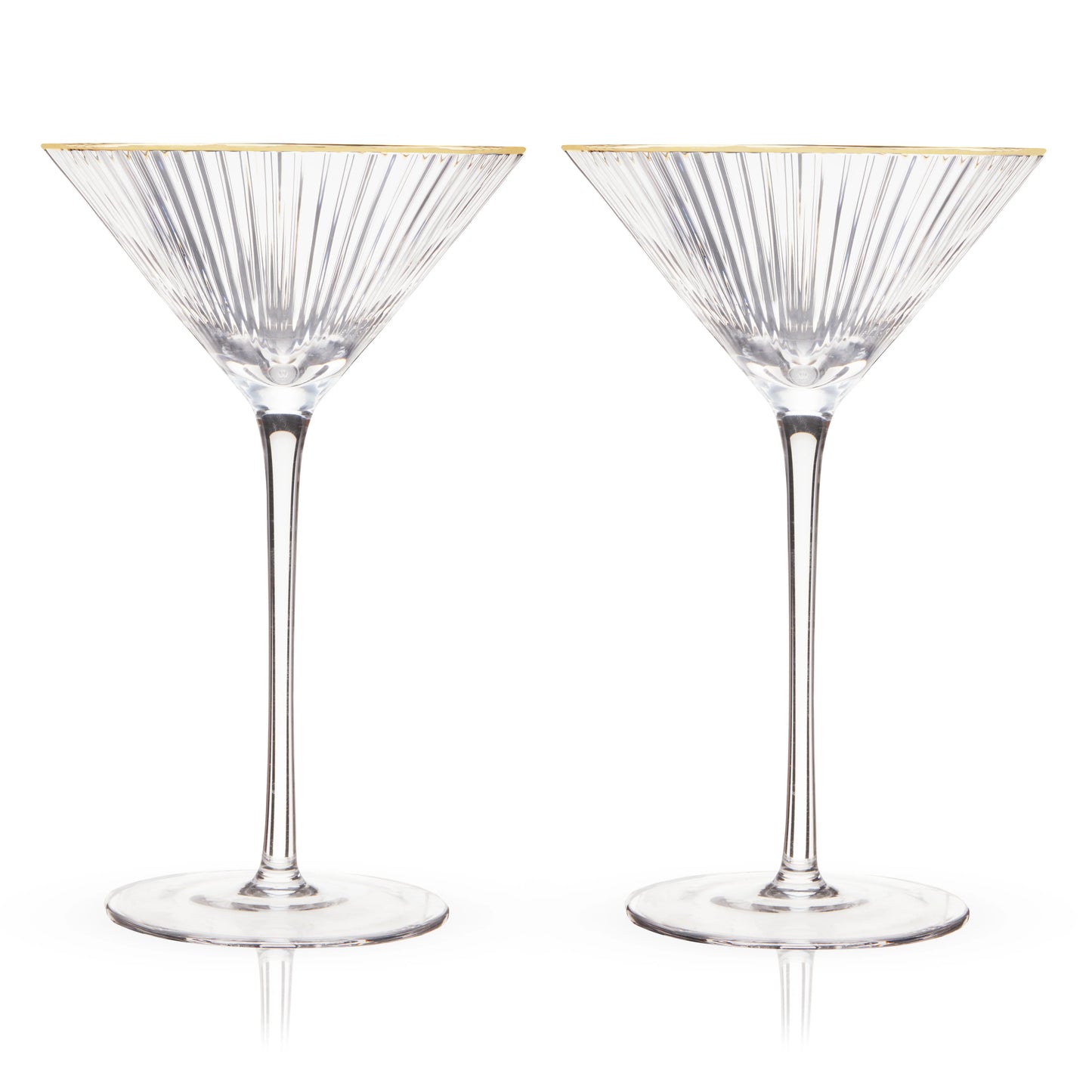 Photo of two crystal martini glasses with rippled texture and gold dipped rims. Portrayed on white background.